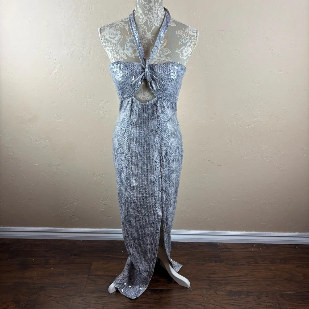 Cassandra Stone Elegant Gray Snakeskin Sequin Halter Neck Dress Women’s size 12